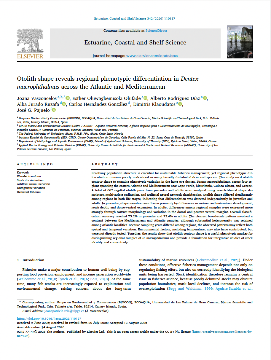 Published article on otolith shape and regional phenotypic differentiation in Dentex macrophthalmus