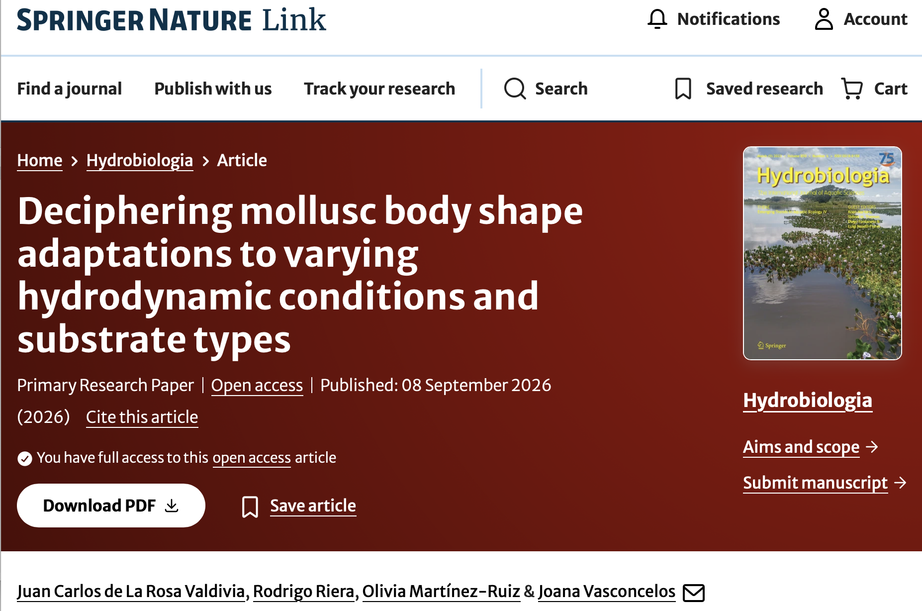 New Hydrobiologia article on mollusc shell shape responses to hydrodynamic conditions and substrate types