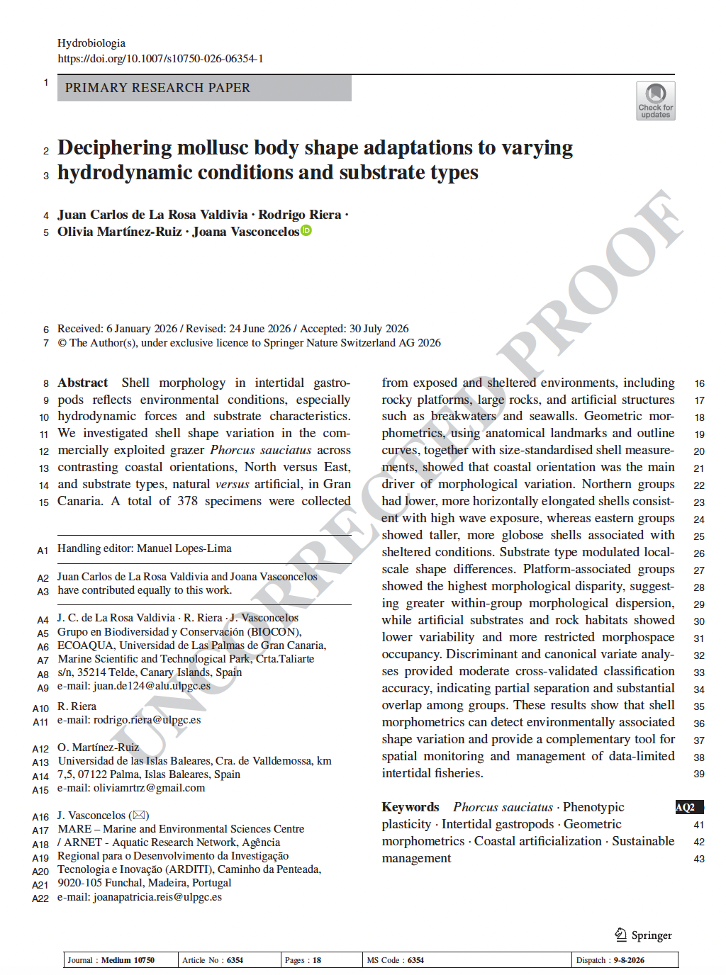 Hydrobiologia publication on mollusc body shape adaptations